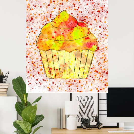 水の色のカップケ絵画ーキと散水器 ポスター (ホームオフィス)