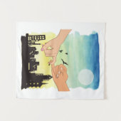 水の色のカップルは都市景観ビューを約束し、ピンキーpr タペストリー (正面(横))