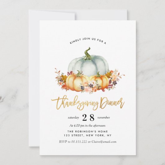 水の色のカボチャ感謝夕食の招待 招待状 (正面)