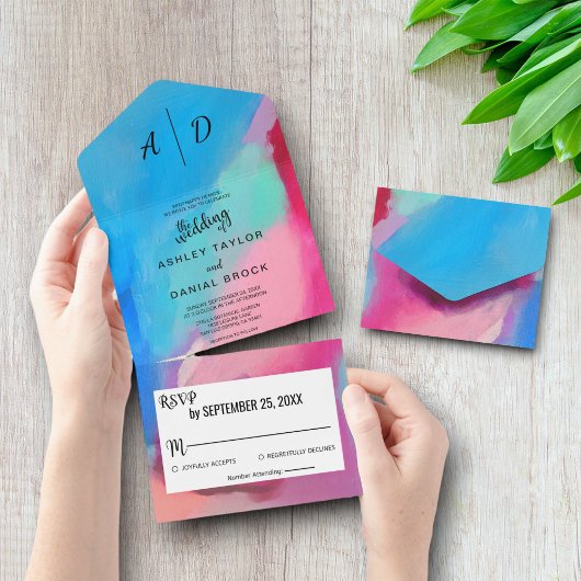 水の色のカラフルシックオールインワンウェディング招待 オールインワン招待状