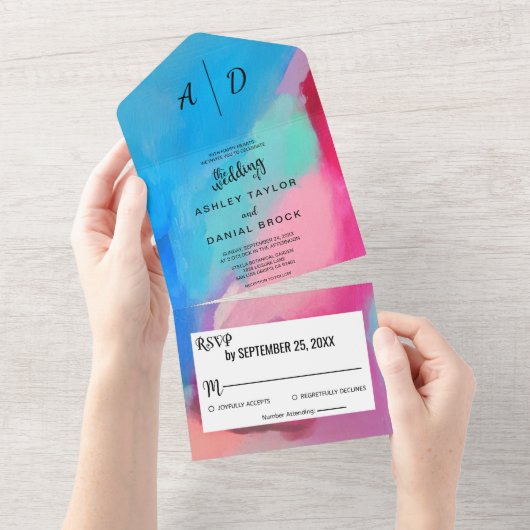 水の色のカラフルシックオールインワンウェディング招待 オールインワン招待状 (貼ってはがせる)