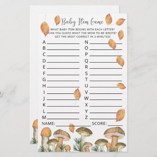 水の色のキノコ – ベビーシャワー項目ゲーム (正面/裏面)