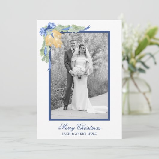 水の色のクリスマスま結婚たはベルの写真 シーズンカード (スタンド正面)