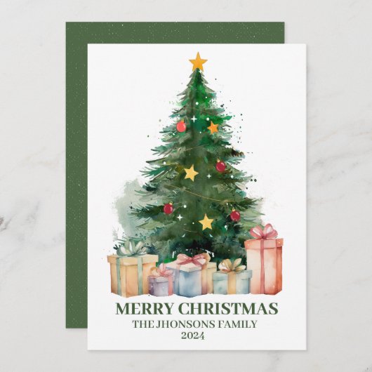 水の色のクリスマスツリーとギフト シーズンカード (正面/裏面)