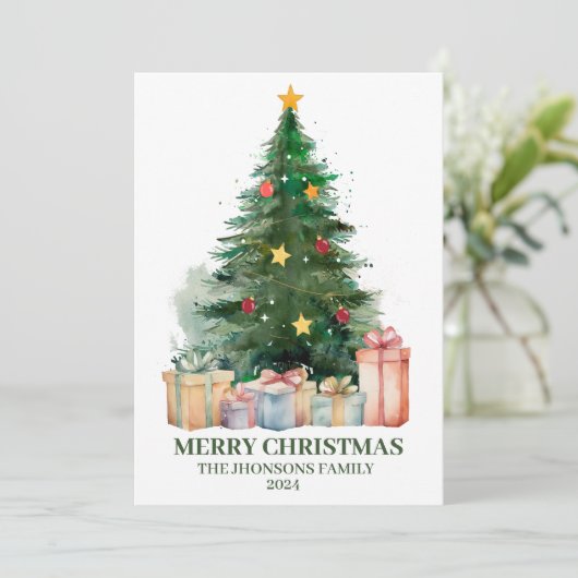 水の色のクリスマスツリーとギフト シーズンカード (スタンド正面)