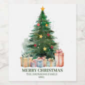 水の色のクリスマスツリーとギフト ワインラベル (シングルラベル)