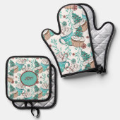 水の色のクリスマスツリーキャンディーキャン 鍋つかみ&鍋敷きセット (正面/裏面)