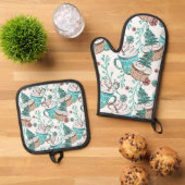 水の色のクリスマスツリーキャンディーキャン 鍋つかみ&鍋敷きセット (トップダウン)