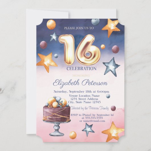 水の色のグラデーションスターズケーキスウィート16招待状 招待状 (正面)