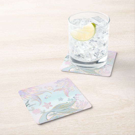 水の色のグリッターマーメイドザシーパーティー スクエアペーパーコースター (インサイチュ)