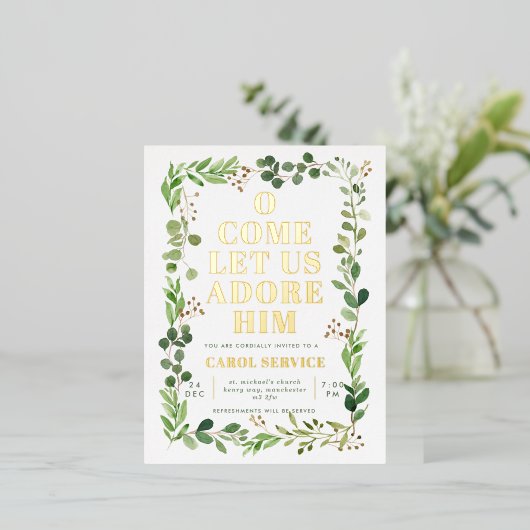 水の色のグリーンリー教会クリスマスカロルサービス 箔シーズンポストカード (立ち正面)