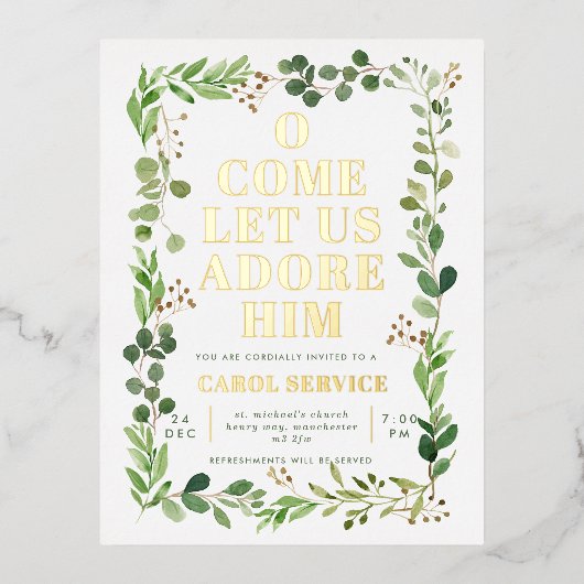 水の色のグリーンリー教会クリスマスカロルサービス 箔シーズンポストカード (正面)