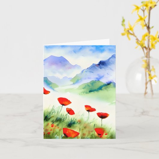 水の色のケシと山のカスタマイズ カード (黄色い花)