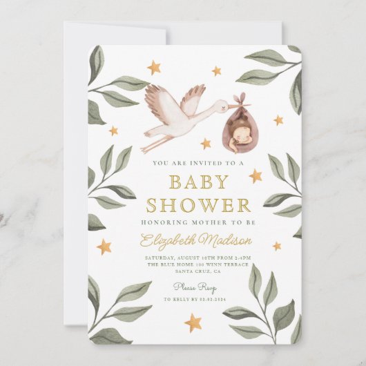 水の色のコウノトリ星の緑のベビーシャワー 招待状 (正面)