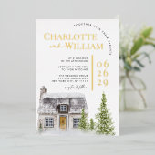 水の色のコテージキャビン山の冬の結婚式 箔招待状 (立ち正面)