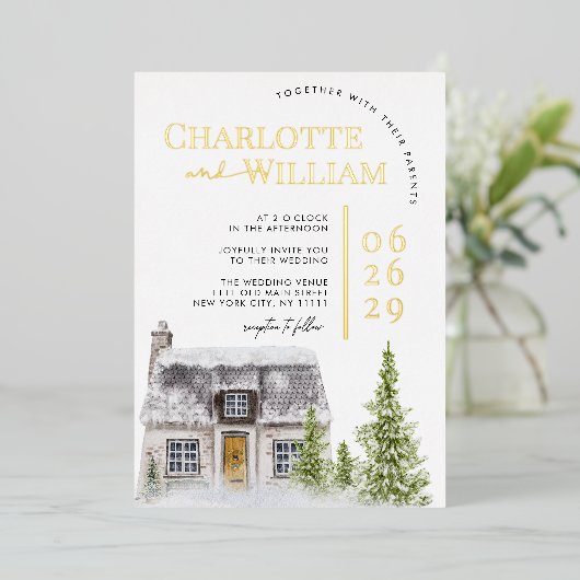 水の色のコテージキャビン山の冬の結婚式 箔招待状 (立ち正面)