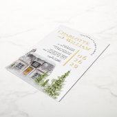 水の色のコテージキャビン山の冬の結婚式 箔招待状 (回転した状態)