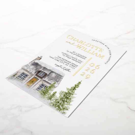 水の色のコテージキャビン山の冬の結婚式 箔招待状 (回転した状態)