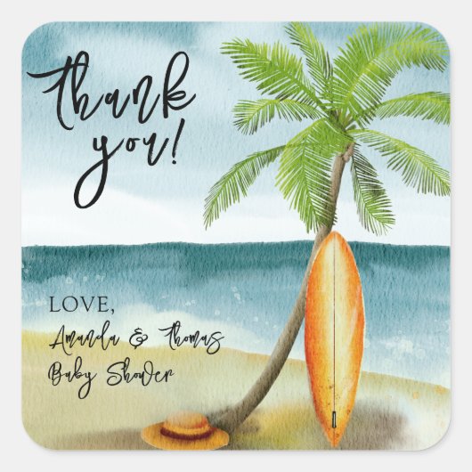 水の色のサーフボードオンビーチ感謝してい- you スクエアシール (正面)