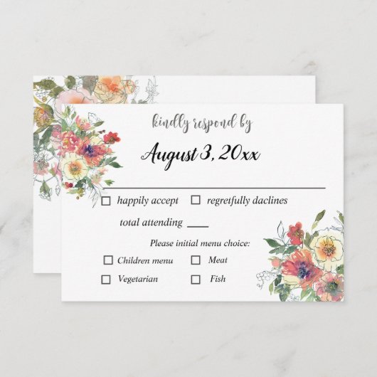 水の色のシンプルフローラミニマルのほこりっぽいピンクすべて 出欠カード (正面/裏面)