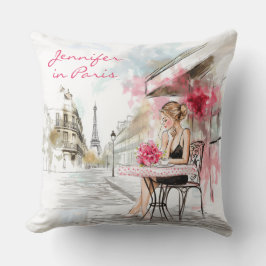 水の色のスケッチと女性コーヒーとパリ市 クッション