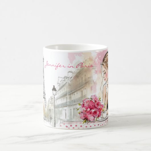 水の色のスケッチと女性コーヒーとパリ市 コーヒーマグカップ (中央)