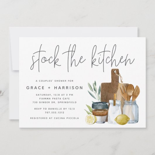 水の色のストックモダンキッチンカップルのシャワー 招待状 (正面)