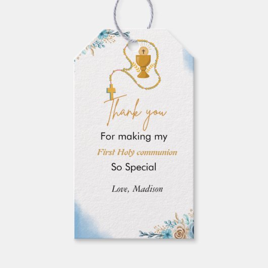 水の色のスプラッシュ最初の聖感謝してい聖交与 ギフトタグ (正面)