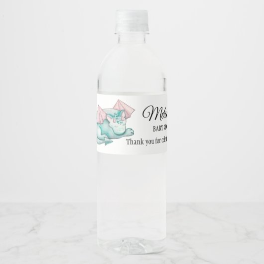 水の色のターコイズ眠るドラゴンベビーシャワー ペットボトルラベル (正面)