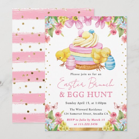 水の色のチックスとケーキ春イースターブランチ 招待状 (正面/裏面)