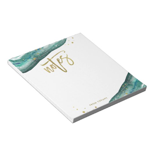 水の色のティール(緑がかった色)と金ゴールドのゲーデノート ノートパッド (アングル)