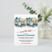 水の色のティール（緑がかった色）山の結婚式の日付を保存 ポストカード (スタンド正面)