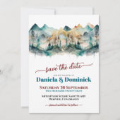 水の色のティール（緑がかった色）山の結婚式の日付を保存 招待状 (正面)