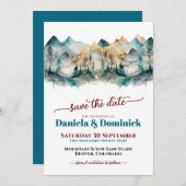 水の色のティール（緑がかった色）山の結婚式の日付を保存 招待状 (正面/裏面)