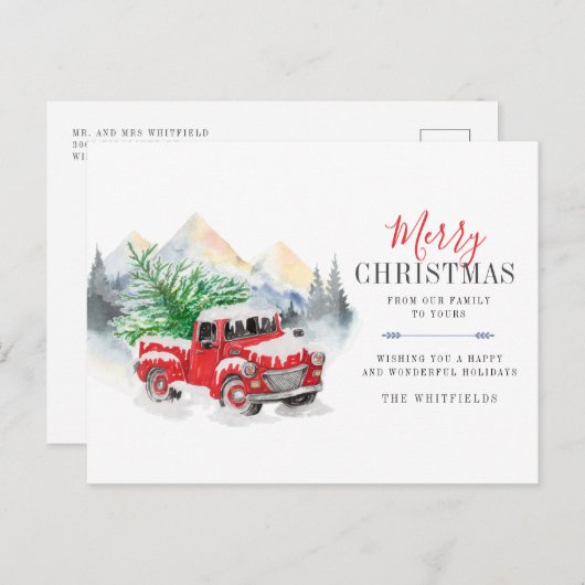 水の色のトラックと木のメリークリスマス シーズンポストカード (正面/裏面)