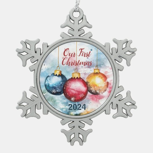 水の色のトリオクリスマスボードブルのオーナメント スノーフレークピューターオーナメント (正面)