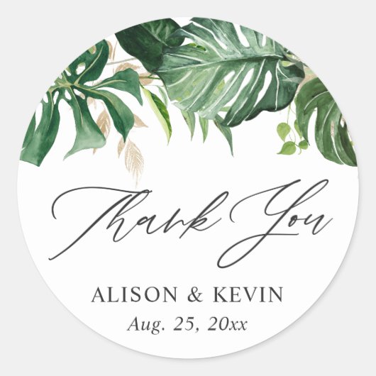 水の色のトロピカルパーム葉のありがとう ラウンドシール (正面)