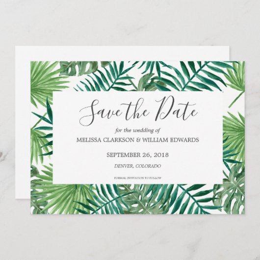 水の色のトロピカル葉な結婚式の日付を保存 セーブザデート (正面/裏面)