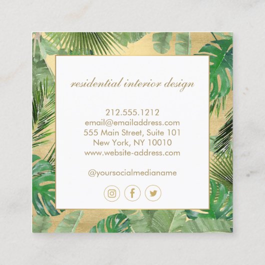 水の色のトロピカル葉金ゴールドのパタフェイクーン スクエア名刺 (裏面)