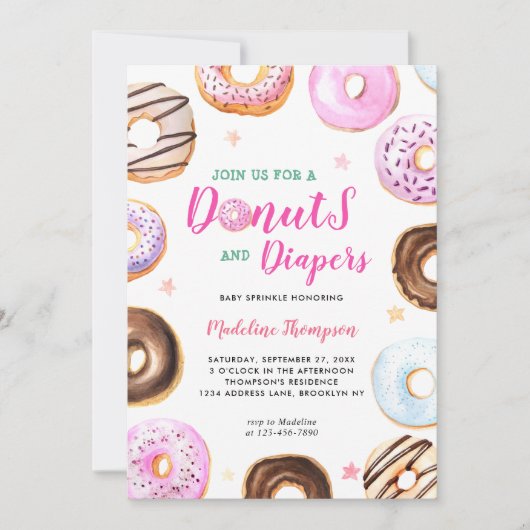 水の色のドーナツとおむつ赤ちゃんシャワー 招待状 (正面)