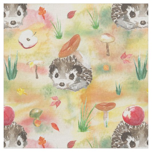 水の色のハリネズミとキノコとリンゴ ファブリック (クローズアップ)
