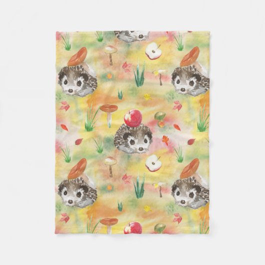 水の色のハリネズミとキノコとリンゴ フリースブランケット (正面)