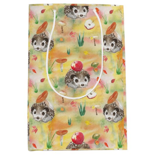 水の色のハリネズミとキノコとリンゴ ミディアムペーパーバッグ (正面)