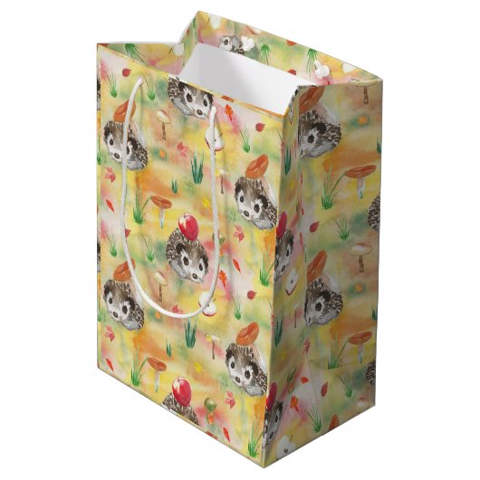 水の色のハリネズミとキノコとリンゴ ミディアムペーパーバッグ (裏面アングル)