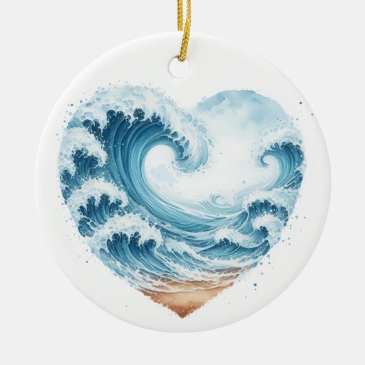 水の色のハート型の波のビーチ セラミックオーナメント (正面)
