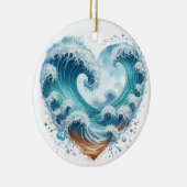 水の色のハート型の波のビーチ セラミックオーナメント (右)