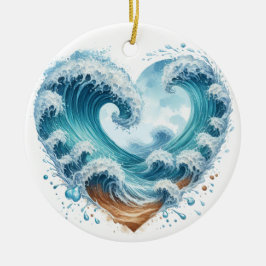 水の色のハート型の波のビーチ セラミックオーナメント
