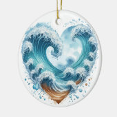 水の色のハート型の波のビーチ セラミックオーナメント (左)