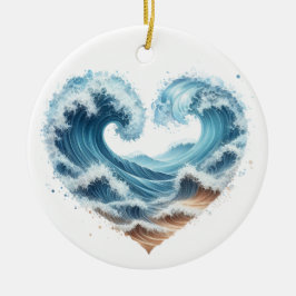 水の色のハート型の波のビーチ セラミックオーナメント