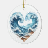 水の色のハート型の波のビーチ セラミックオーナメント (左)